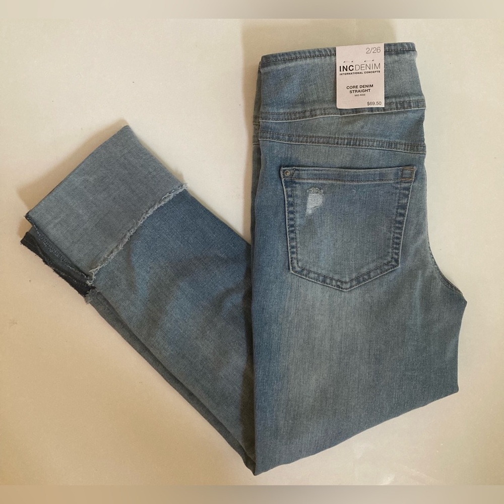 New INC Core Crop Jeans mid rise straight cuffed distressed stretch size 2 26